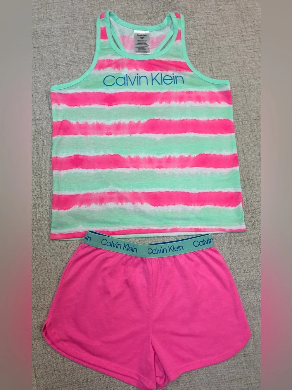 Calvin Klein Pink & Mint Striped Tank and Shorts Pajama Set